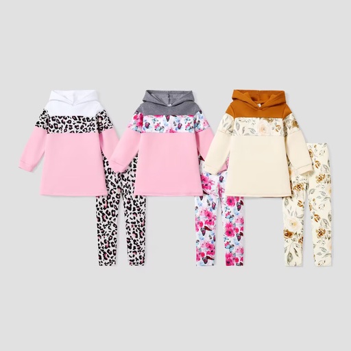 [WC7L-20218558] 2-piece Kid Girl Floral Print Colorblock Hoodie Sweatshirt and Elasticized Pants Set