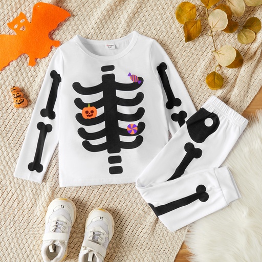 [WC7L-19968551] 2-piece Toddler Boy/Girl Halloween Pumpkin Bone Print Pullover and Elasticized Pants Set