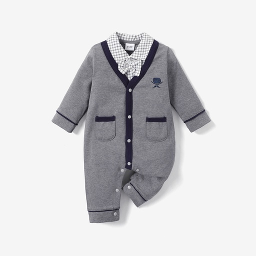 [WC7L-19954720] 100% Cotton Plaid Lapel Bowtie Long-sleeve Faux-two Baby Jumpsuit