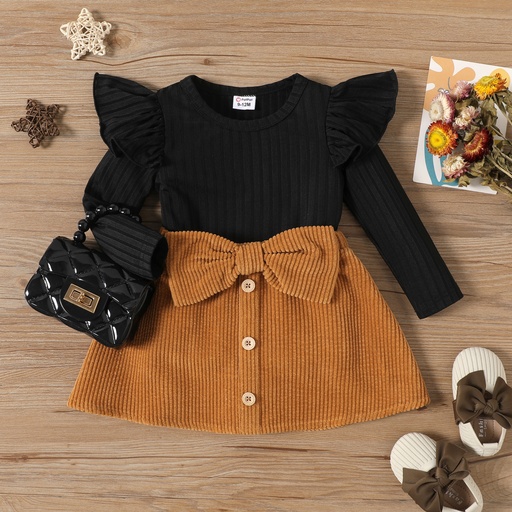 [WC7L-20452749] 2pcs Baby Girl Rib Knit Ruffled Long-sleeve Top and Button Front Corduroy Skirt Set