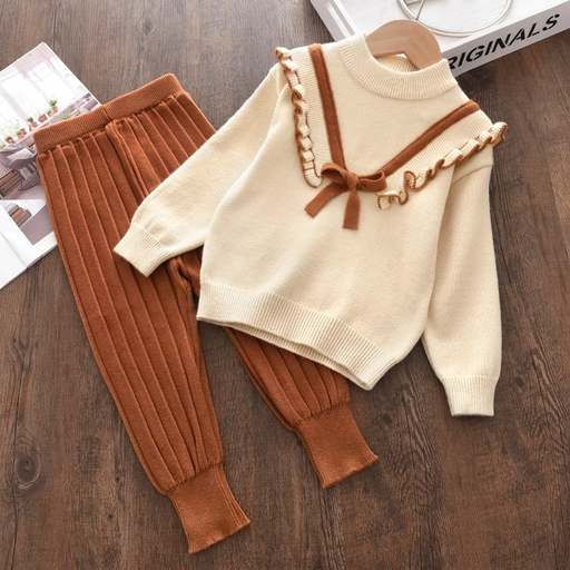 [WC7L-20504262] 2pcs Toddler Girl Sweet Ruffled Bowknot Design Sweater and Ribbed Pants Set