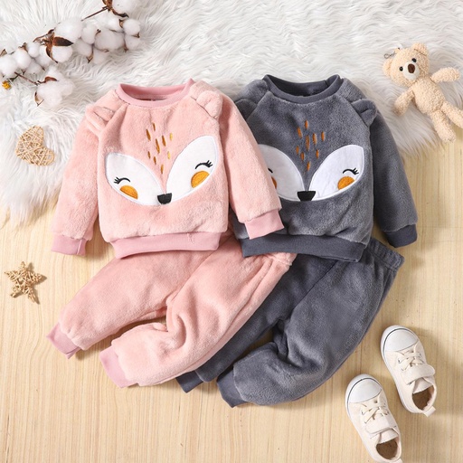 [WC7L-20491017] 2pcs Baby Girl Fox Ears Design Embroidered Fleece Long-sleeve Pullover and Pants Set