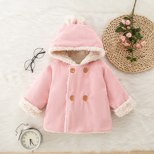 [WC7L-20169040] 100% Cotton Baby Pink Thickened Fleece Lined Long-sleeve Hooded Double Breasted Outwear