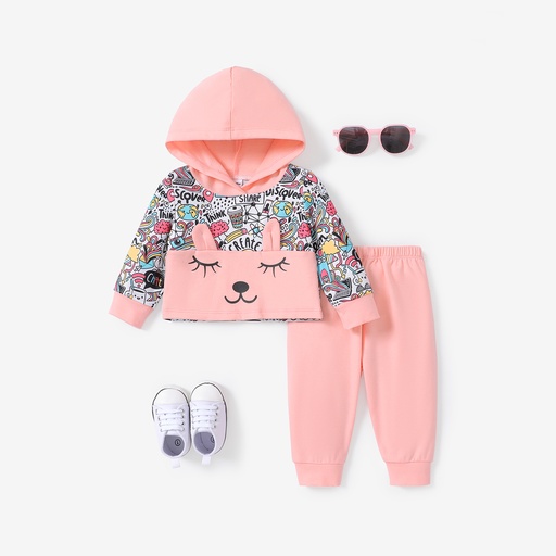 [WC7L-20691316] 2PCS Baby Girl Childlike Hooded Graffiti Long Sleeve Set 