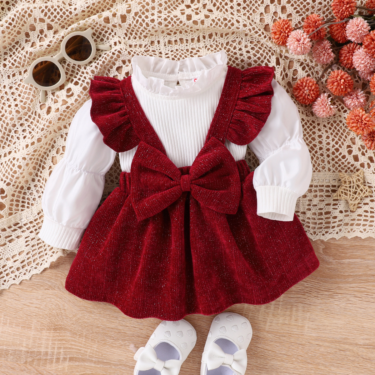 Patpat 2PCS Baby Girl Sweet Solid Color Ruffle Edge Long Sleeve Dress Set |  NanuBabu.com