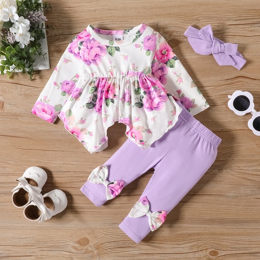 [SC8L1-20676094] 3pcs Baby Girl Allover Floral Print Ruffle Long-sleeve Romper and 95% Cotton Bow Decor Pants & Headband Set