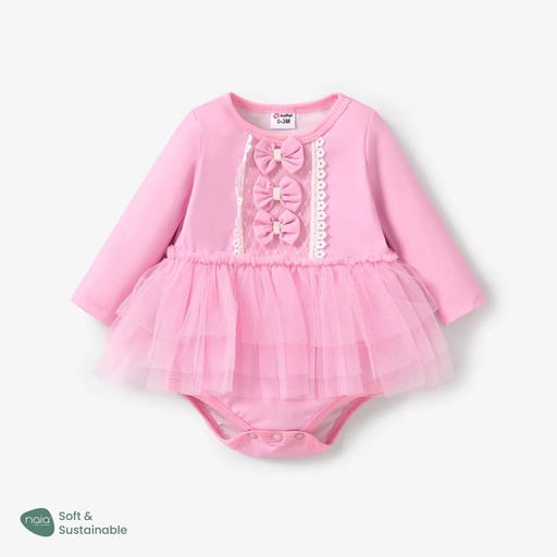 [SC8L1-20692897] Baby Girl Naia Solid Color Lace Bowknot Ballet Wear Long Sleeve Romper