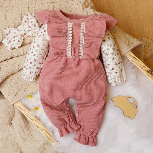 [SC8L1-20119424] 2pcs Baby Floral Print Splicing Long-sleeve Pink Corduroy Ruffle Jumpsuit Set