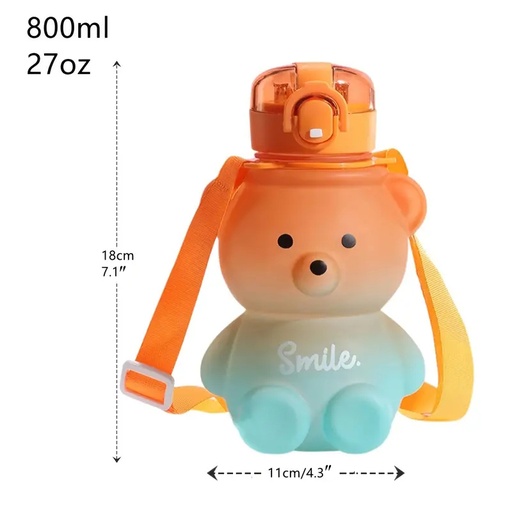 [SC8L1-20678400] Cute Bear Water Bottle With Straw, 27oz Cute Water Bottle with Shoulder Straps No Leak Large Cute Kids Water Bottles