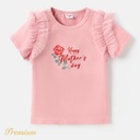 Toddler Girl Cotton Rose & Letter Print Mesh Ruffled Short-sleeve Tee