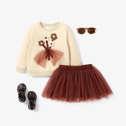 [SC8L1-20750769] 2pcs Toddler Girl 3D Flower Design Sweatshirt and Multi-layered Mesh Skirt Set