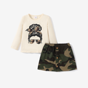 Toddler Girl Character pattern Tshirt and Camouflage Skirt Set with Secret Button