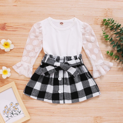 [SC8L1-19913659] 2-piece Toddler Girl Polka dots Mesh Puff-sleeve Blouse and Button Design Plaid Skirt with Belt Set