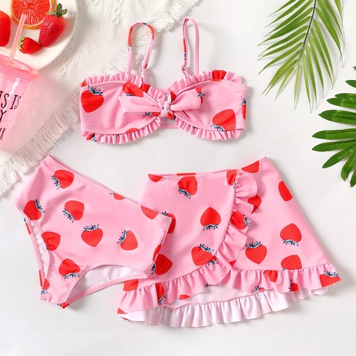 [SC8L1-20618785] 3pcs Kid Girl Strawberry Print Knot Front Swimsuit Set