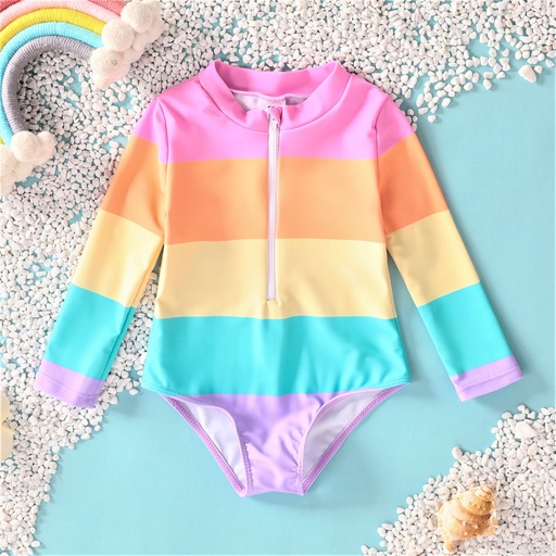 [SC8L1-20797949] Toddler Girls Rainbow Striped One-Piece Swimsuit with Heart-Shaped Zipper 