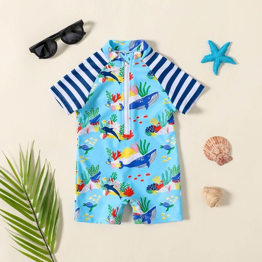 [SC8L1-20592344] Baby Boy Allover Ocean Animal Print Striped Raglan-sleeve One-piece Swimsuit