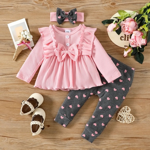 [SC8L1-20479082] 3pcs Baby Girl 95% Cotton Rib Knit Ruffle Trim Bow Front Long-sleeve Top and Allover Heart Print Leggings with Headband Set