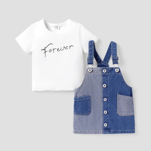 [SC8L1-20599492] 2pcs Baby Girl Cotton Letter Print Short-sleeve Tee and Colorblock Denim Overall Dress Set