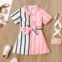 Toddler Girl Trendy Stripe Lapel Collar Belted Dress