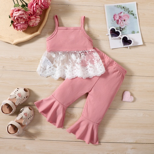 [SC8L1-20584781] 2pcs Baby Girl Pink Ribbed Spliced Lace Hem Cami Top and Flared Pants Set