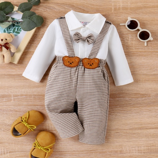 [SC8L1-20674273] 2pcs Baby Boy Plaid Bow Tie Long-sleeve Shirt and Bear Embroidery Plaid Suspender Pants Set