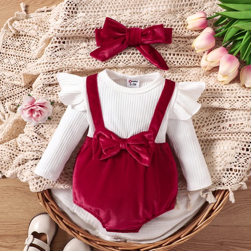 [SC8L1-20573185] 2pcs Baby Girl Cotton Ribbed Solid Spliced Long-sleeve Bow Front Romper & Headband Set