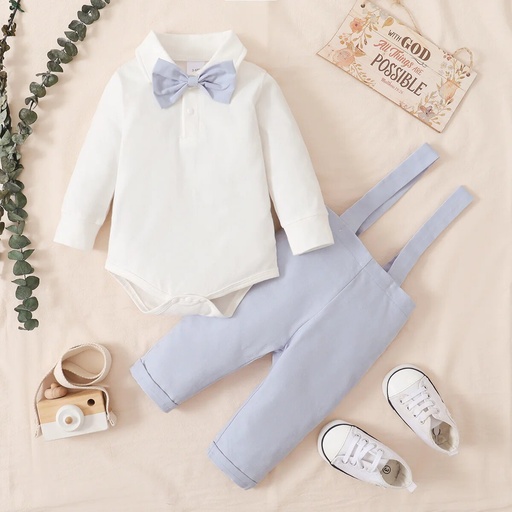 [SC8L1-20097046] 2pcs Baby Boy 95% Cotton Long-sleeve Gentleman Bow Tie Romper and Overalls Set
