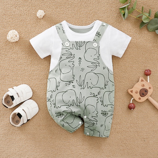 [SC8L1-20641394] Baby Boy 100% Cotton Faux-two Short-sleeve Elephant Print Romper