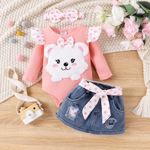 [SC8L1-20775308] 3pcs Baby Girl Sweet Bear Embroidery Romper and Denim Skirt Set