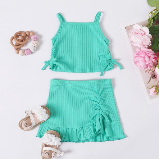 [SC8L1-20640884] 2pcs Baby Girl Drawstring Ruched Side Rib-knit Cami Top and Ruffled Skirt Set 