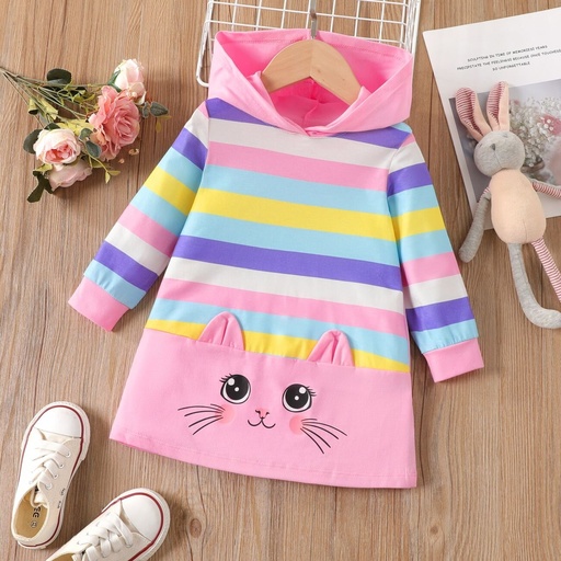 [SC8L1-20689366] Toddler Girl Sweet Cat Animal Design Hooded Stripe Long Sleeve  Dress 