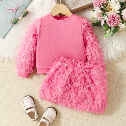 [SC8L1-20769906] 2pcs Toddler Girls' Solid Color Plush Skirt Set