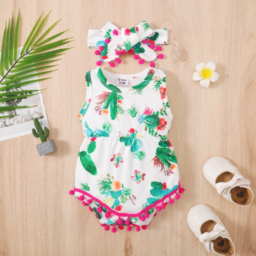 [SC8L1-20641435] 2pcs Baby Girl Cactus Print Pom Pom Decor Tank Bodysuit and Bow Headband Set