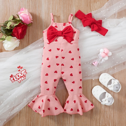 [SC8L1-20588283] Valentine's Day 2pcs Baby Girl Allover Heart Print Bow Front Bell Bottom Ribbed Cami Jumpsuit & Headband Set