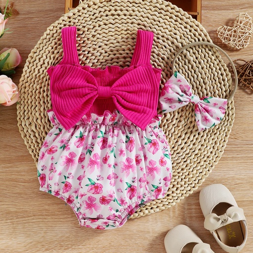 [SC8L1-20356548] 2pcs Baby Girl 95% Cotton Ribbed Bowknot Splicing Floral Print Sleeveless Romper with Headband Set