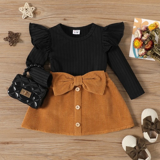 [SC8L2-20452749] 2pcs Baby Girl Rib Knit Ruffled Long-sleeve Top and Button Front Corduroy Skirt Set