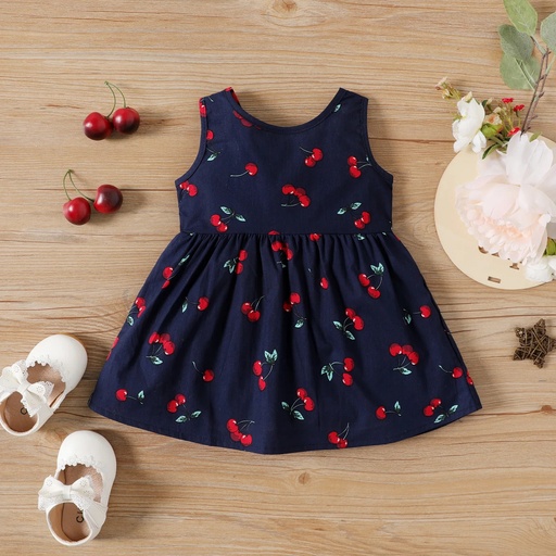 [SC8L2-19442675] 100% Cotton Cherry Print Backless Sleeveless Baby Dress