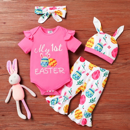 [SC8L2-20790331] 4pcs Baby Girl  Easter Set with Alphabet Print Top, Printed Leggings, Hat and Headband