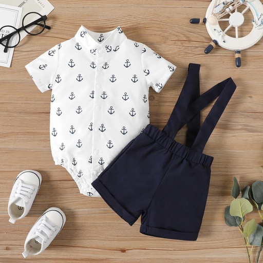 [SC8L2-20590587] 2pcs Baby Boy Allover Anchor Print Short-sleeve Romper and Solid Suspender Shorts Set