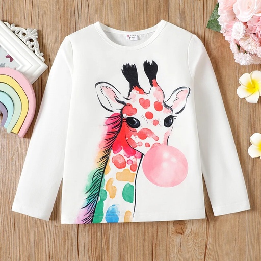 [SC8L2-20518193] Kid Girl Giraffe Print Long-sleeve White Tee