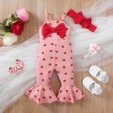 Valentine's Day 2pcs Baby Girl Allover Heart Print Bow Front Bell Bottom Ribbed Cami Jumpsuit & Headband Set