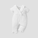 Baby Girl Solid Textured Ruffle Trim Short-sleeve Jumpsuit