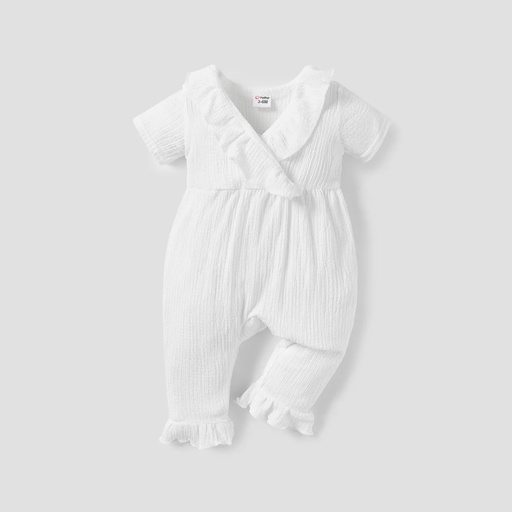 [SC8L2-20443265] Baby Girl Solid Textured Ruffle Trim Short-sleeve Jumpsuit