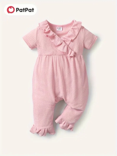 [SC8L2-20443258] Baby Girl Solid Textured Ruffle Trim Short-sleeve Jumpsuit