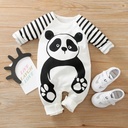 Panda and Stripe Print Long-sleeve White Baby Jumpsuit