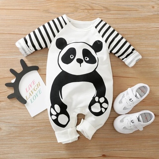 [SC8L2-19641569] Panda and Stripe Print Long-sleeve White Baby Jumpsuit