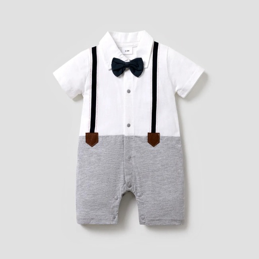 [SC8L2-19041870] 100% Cotton Faux-two Design Bow Tie Decor Short-sleeve Baby Romper