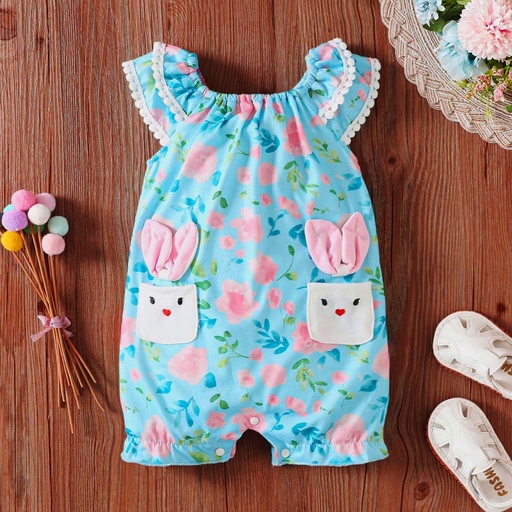 [SC8L2-20793963] Sweet Baby Girls' Summer Rabbit Romper with Fringed Ball and Floral Lace Detail (1pc)