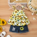 2pcs Baby Girl Sunflower Print Camisole and 100% Cotton Ripped Denim Shorts Set