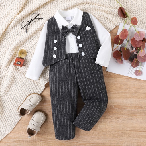 [SC8L2-20707938] 3 PCS Toddler Boy Secret Button Design Striped School Costume Set